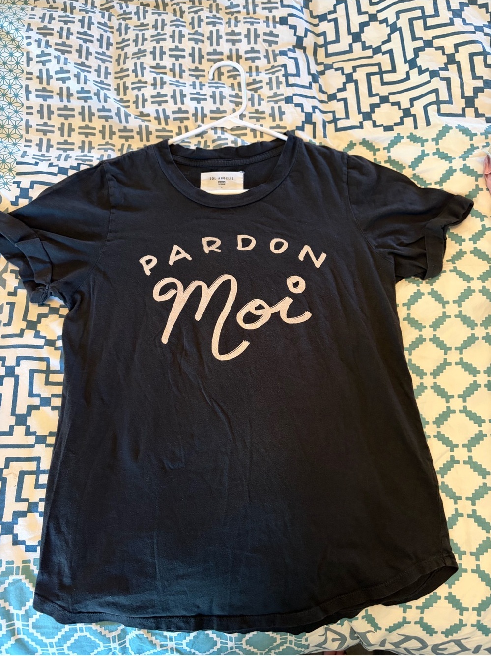 Anthropologie Pardon Moi Graphic Tee - Black with White Script Soft, rolled arms